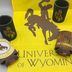 University of Wyoming Small Flag Beverage Koozies Coozies Bucking Horse Pokes